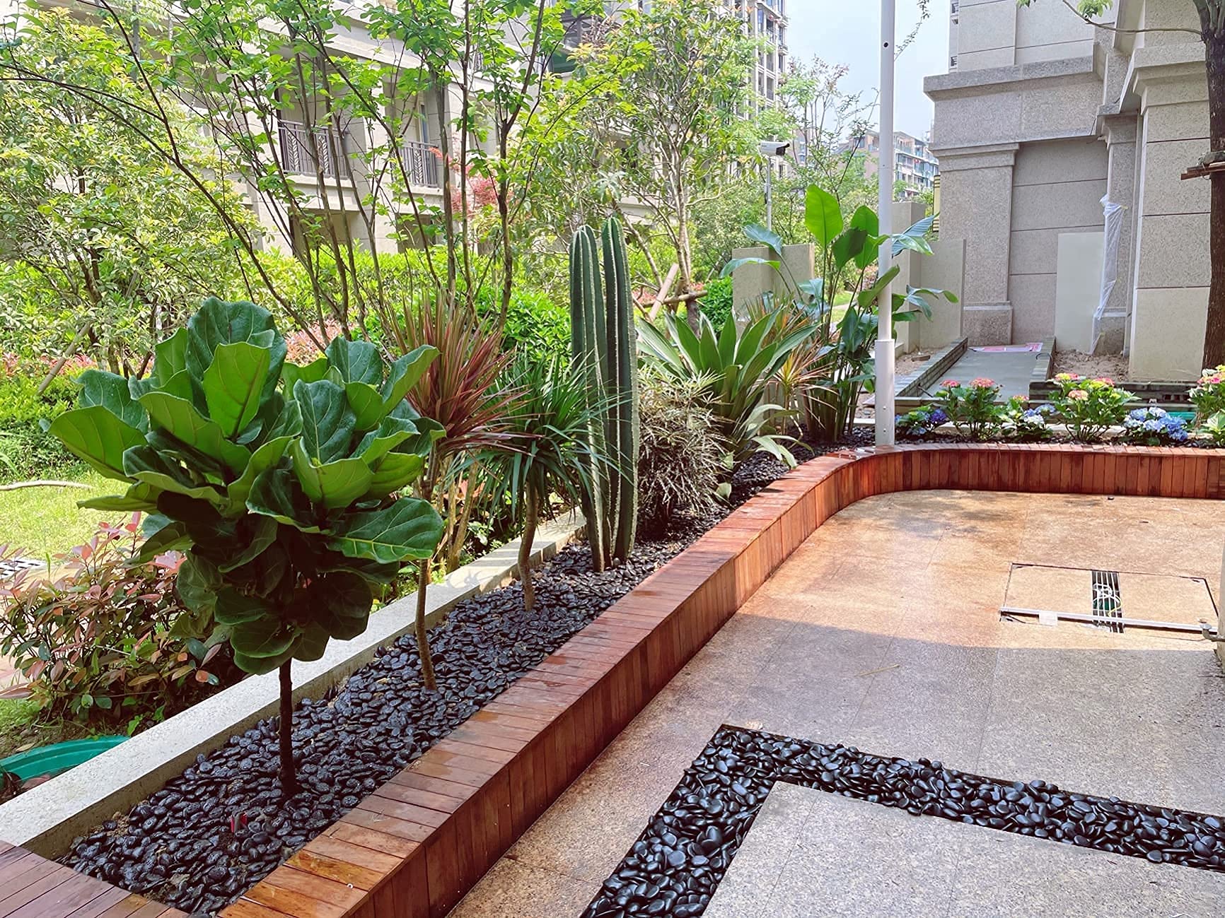 Decorative use of black river rocks in a planter