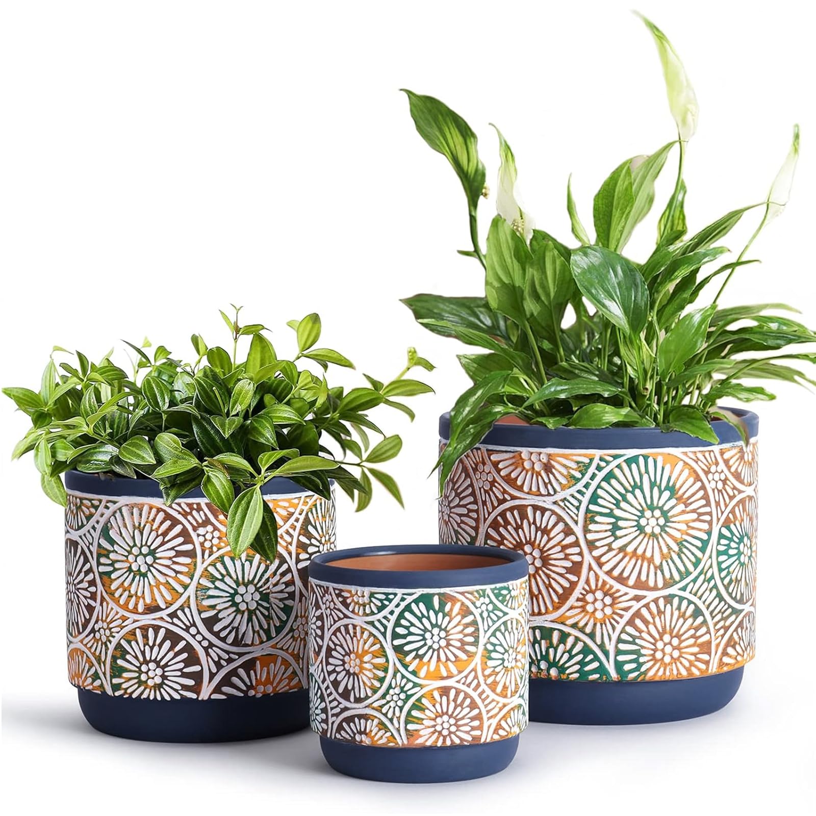 DeeCoo 3 Piece Ceramic Plant Pots Set in blue, front view