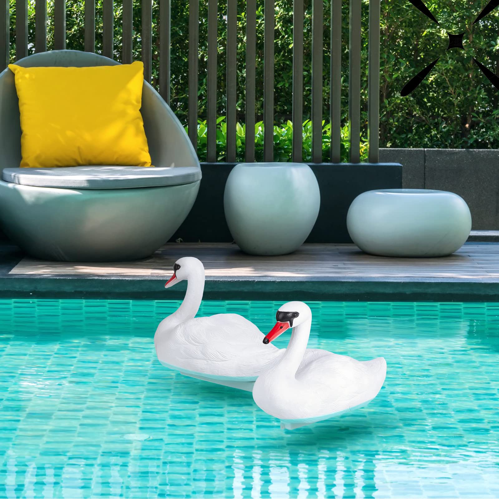 Deekin Swan Decoy in a swimming pool setting