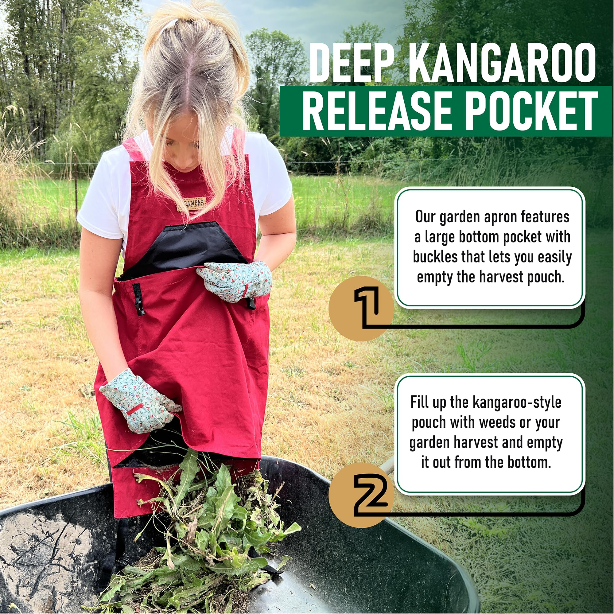 Deep kangaroo pocket of Grampa's Weeder Gardening Apron