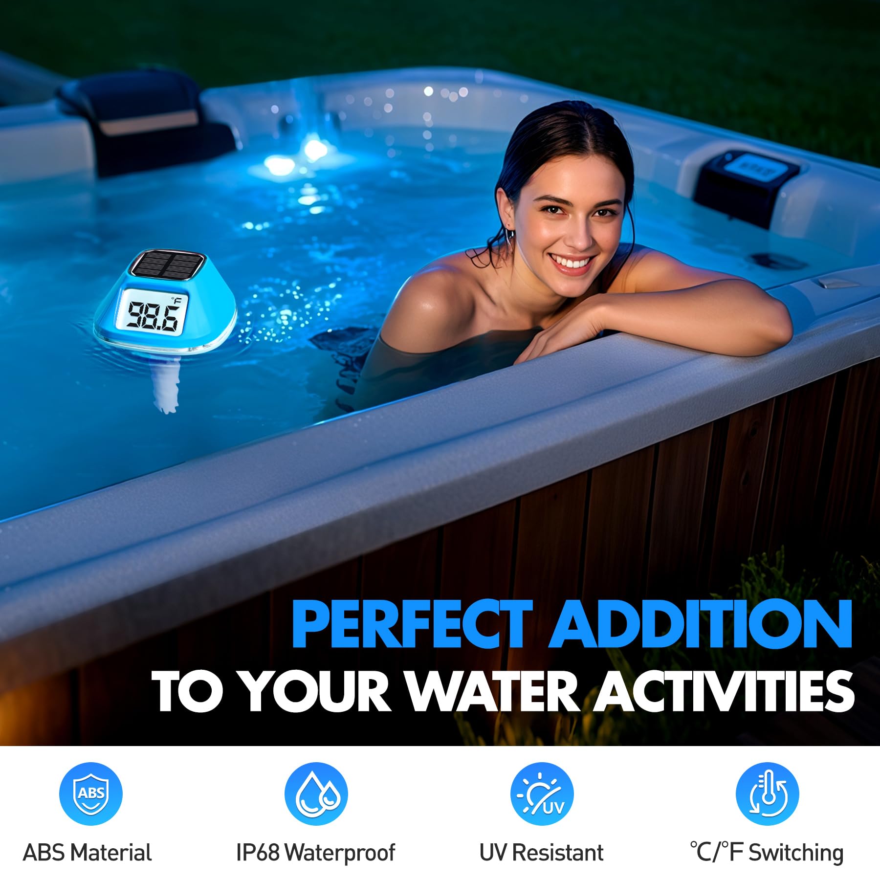 DeeprBlu Floating Solar Pool Thermometer backlit screen in dark