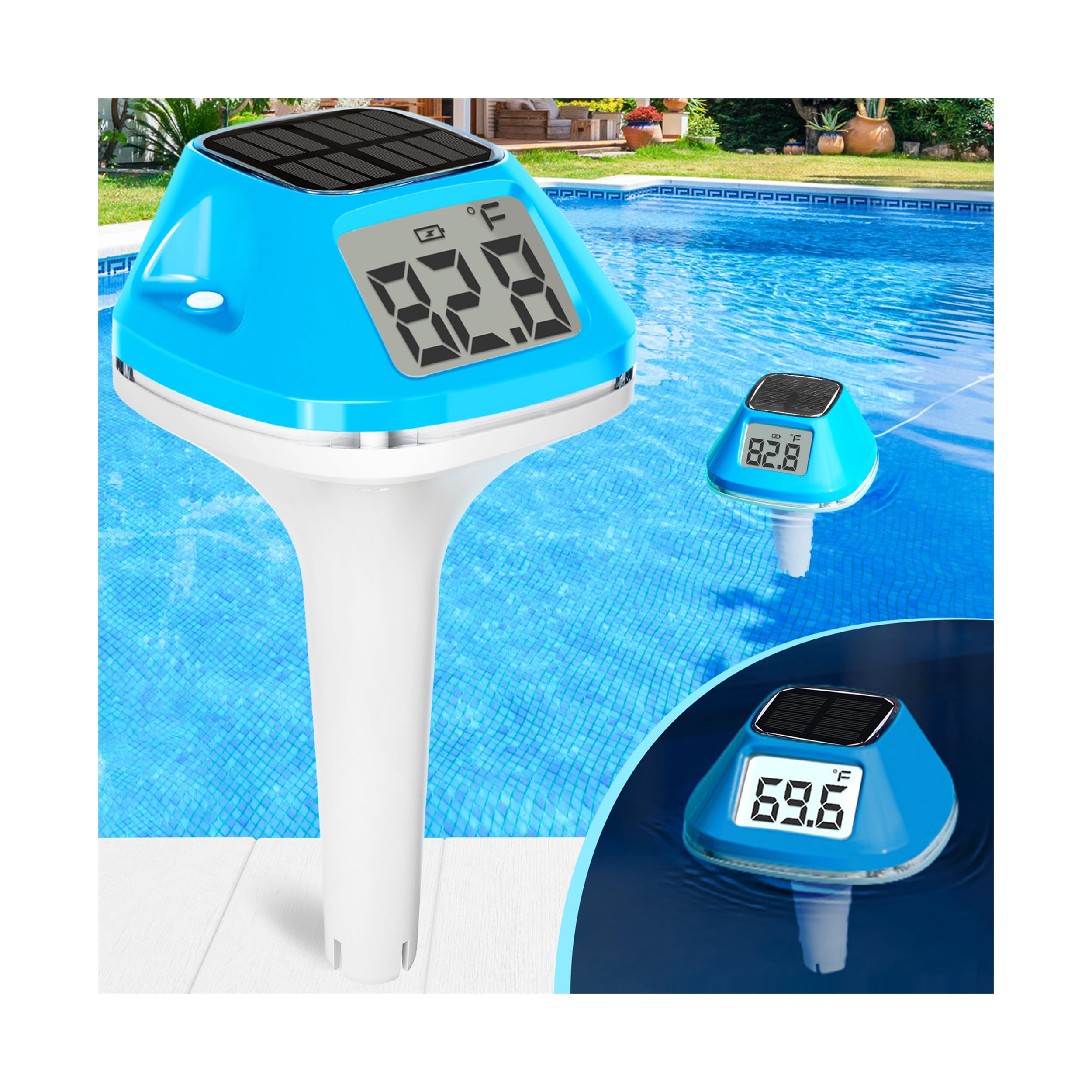 DeeprBlu Floating Solar Pool Thermometer front view with XL backlit display