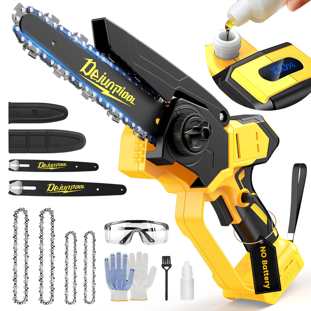 DEJUNPIOOL cordless mini chainsaw front view with yellow-black finish