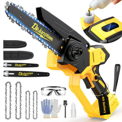 DEJUNPIOOL cordless mini chainsaw front view with yellow-black finish