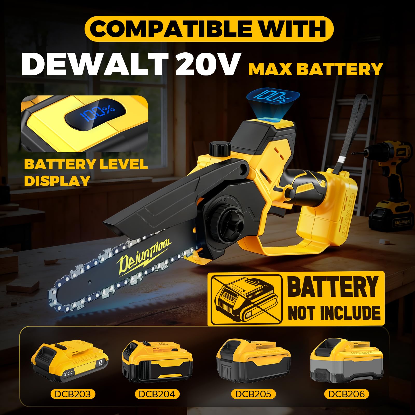 DEJUNPIOOL mini chainsaw showing 6-inch and 8-inch chains