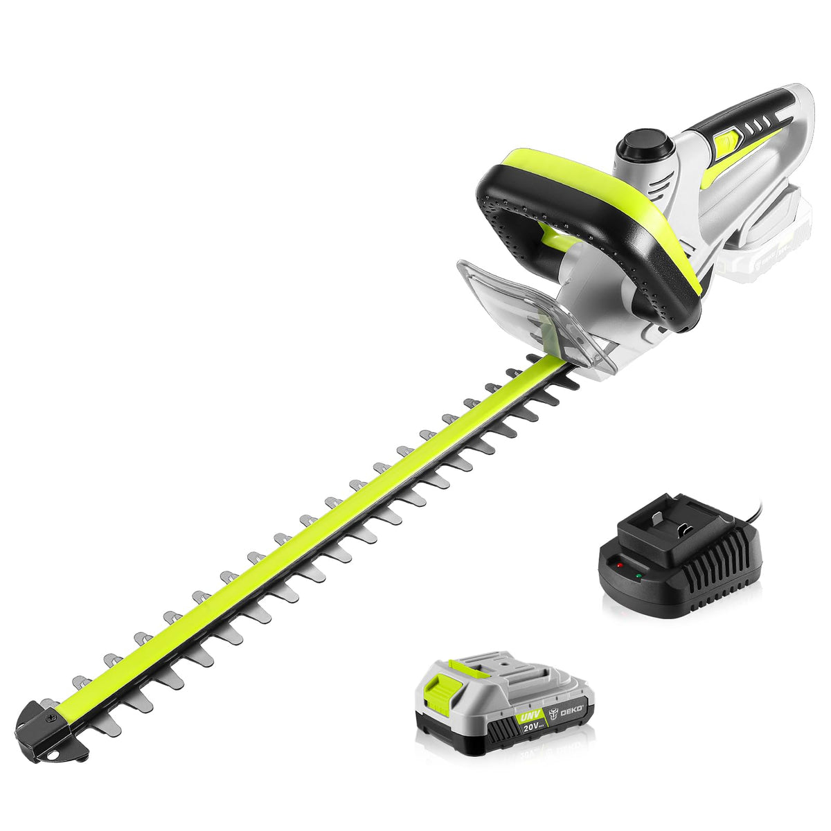 DEKOPRO cordless hedge trimmer front view with green finish