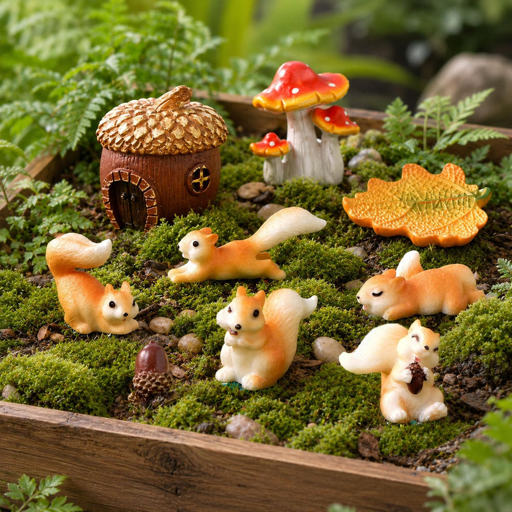 Delighture fairy garden miniatures arranged in a terrarium