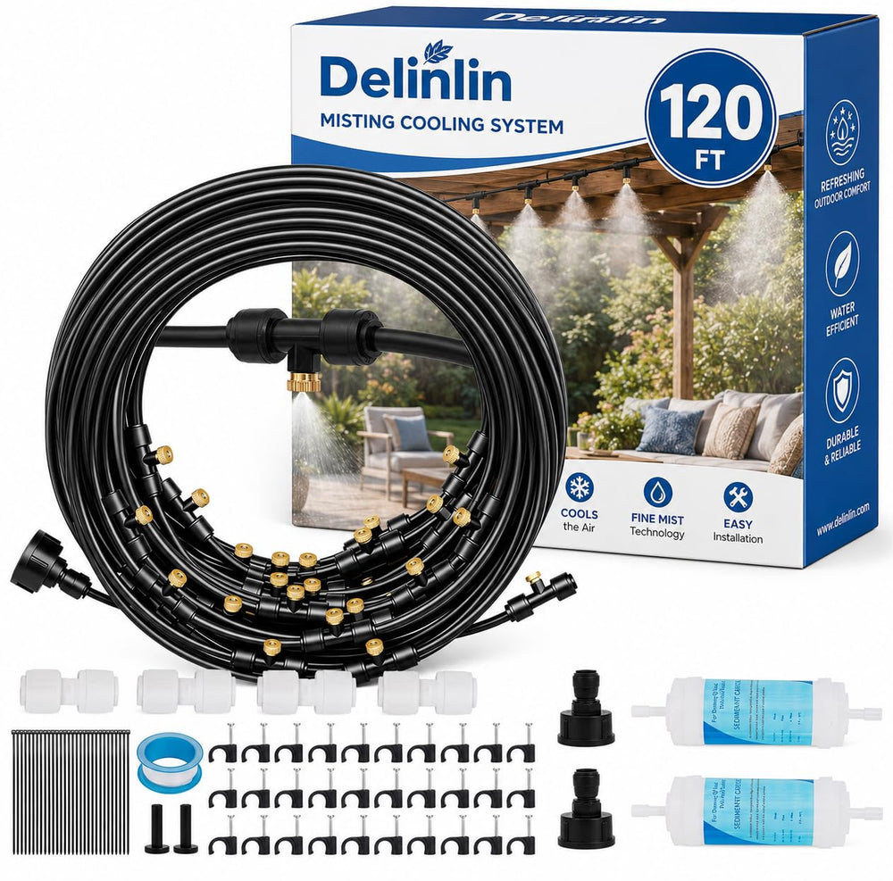 Delinlin 120FT Misting System with 28 brass nozzles, black tubing
