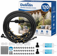 Delinlin 120FT Misting System with 28 brass nozzles, black tubing