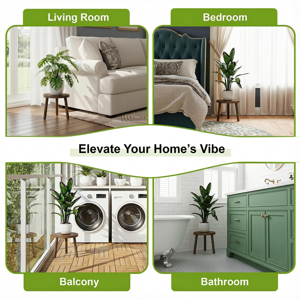 Delma wooden plant stands arranged with various plants