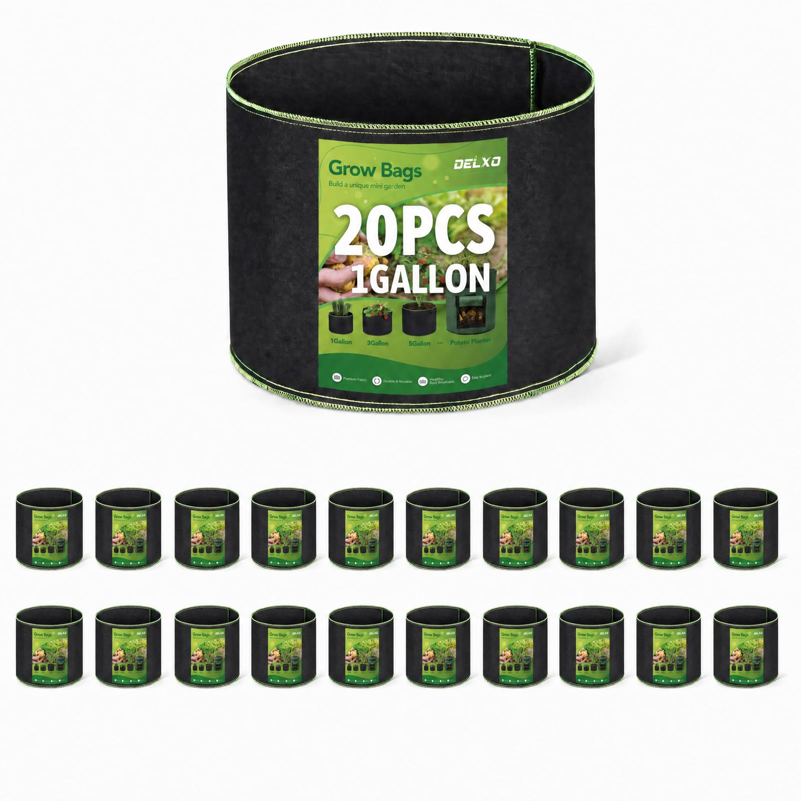 Delxo 20-Pack 1 Gallon Grow Bags black fabric front view