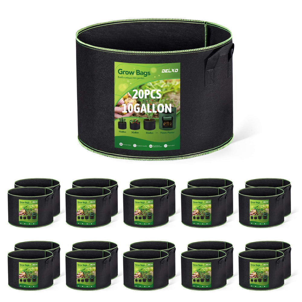 Delxo 20-pack 10-gallon black fabric grow bags front view