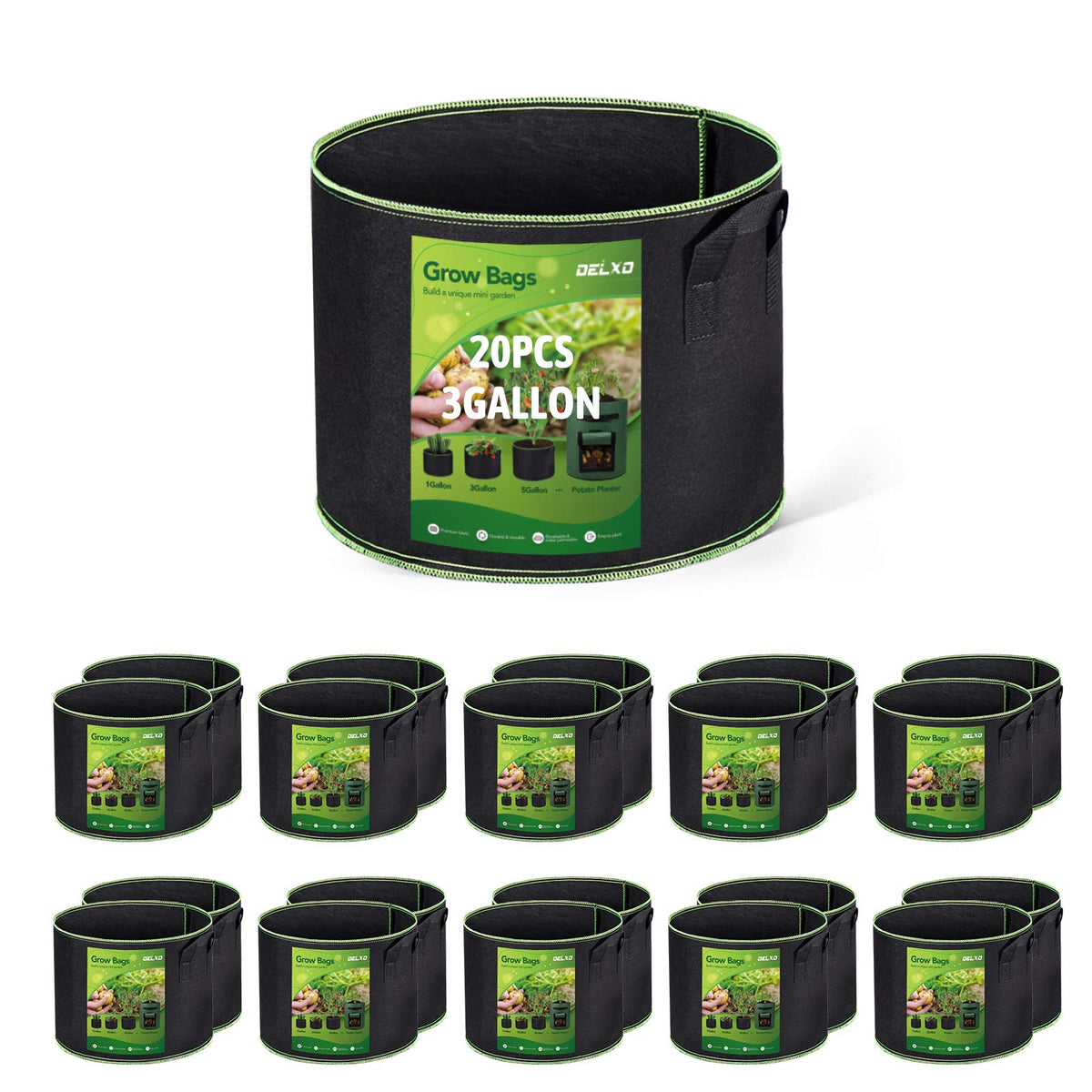 Delxo 3 Gallon Grow Bags front view showing durable fabric