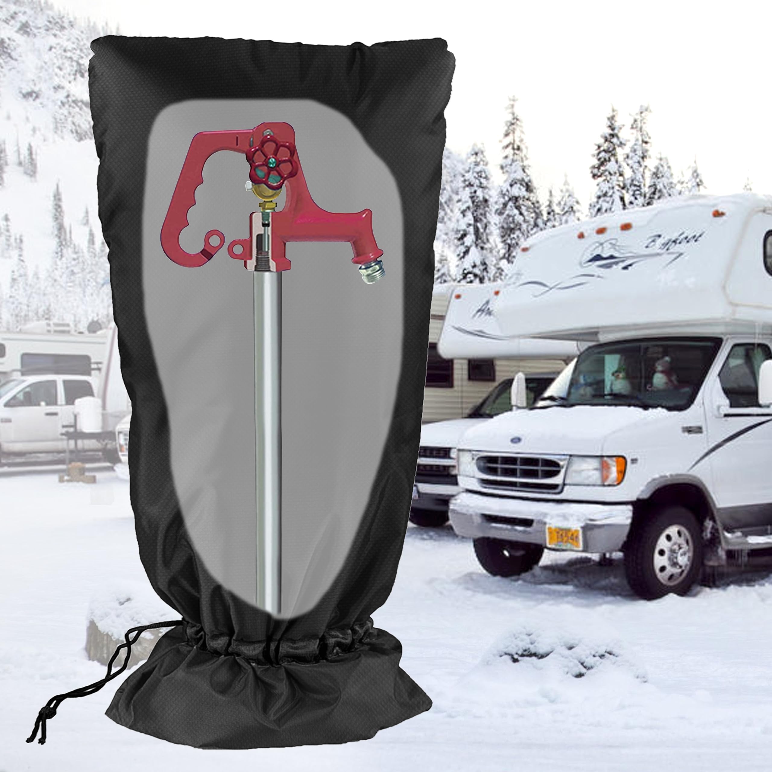 DEMEDO Extended Outdoor Faucet Cover in use on RV park hydrant