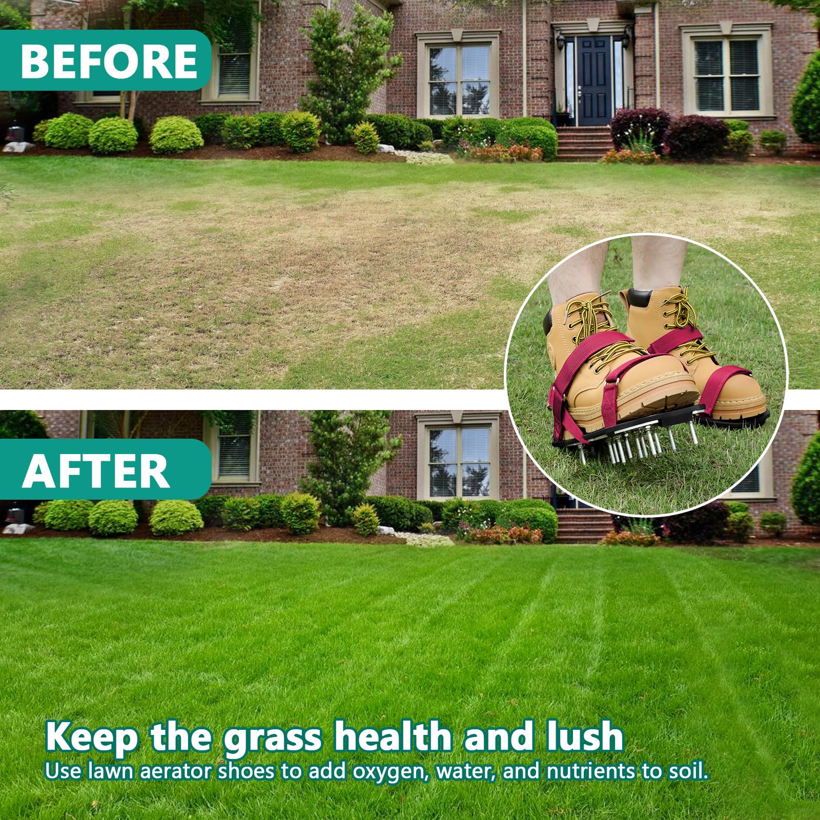 DenForste Lawn Aerator Shoes displayed with gardening tools