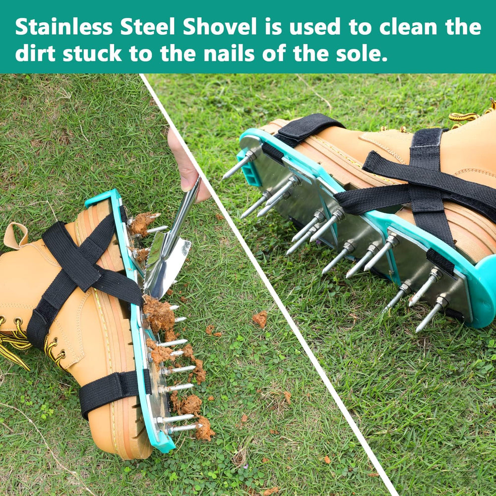 DenForste Lawn Aerator Shoes in use on garden