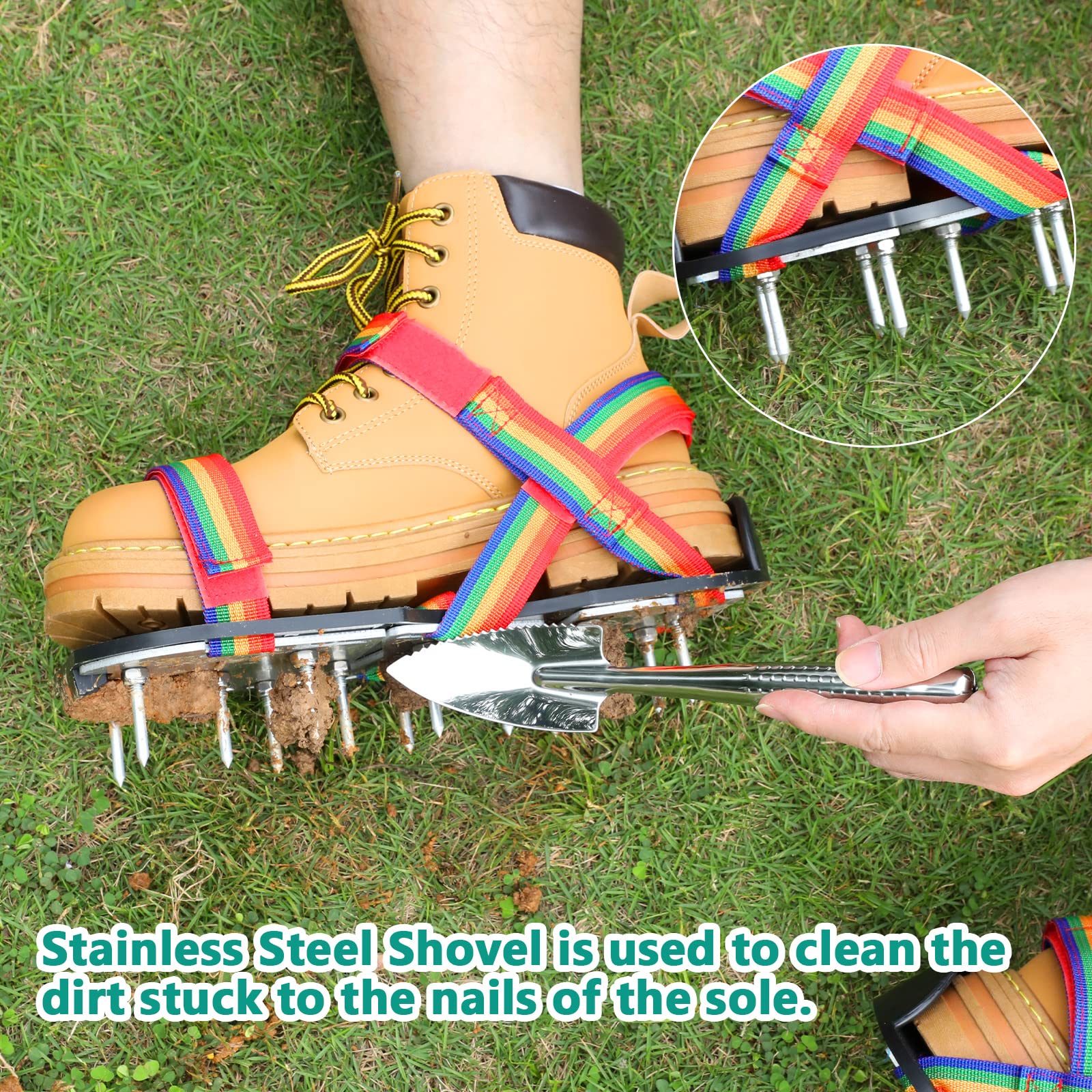 DenForste Lawn Aerator Shoes showing adjustable Velcro straps