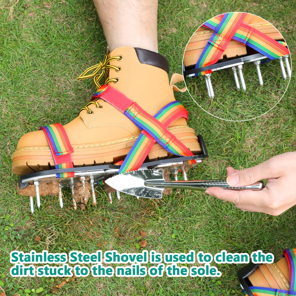 DenForste Lawn Aerator Shoes showing adjustable Velcro straps