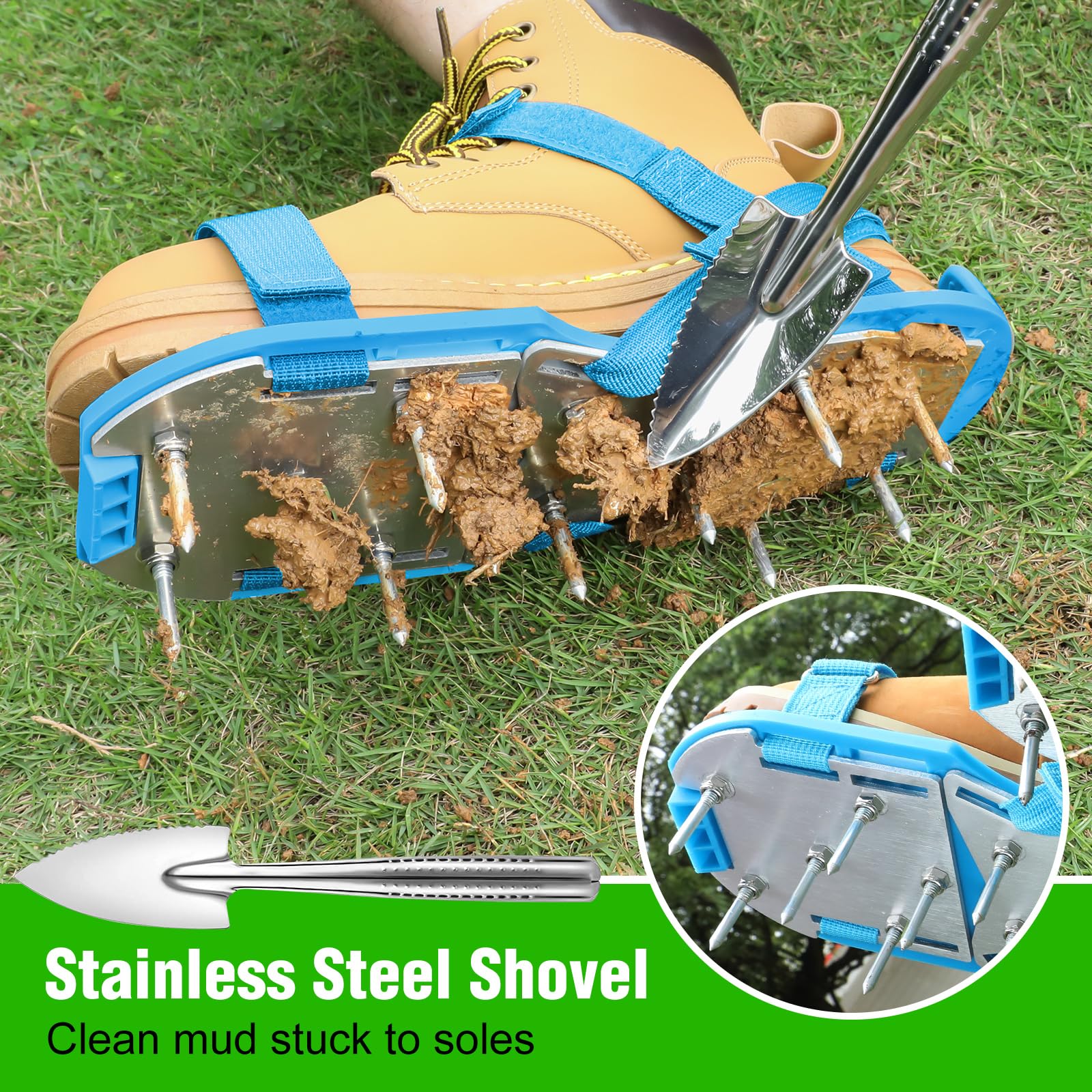 DenForste Lawn Aerator Shoes worn by a person walking on lawn