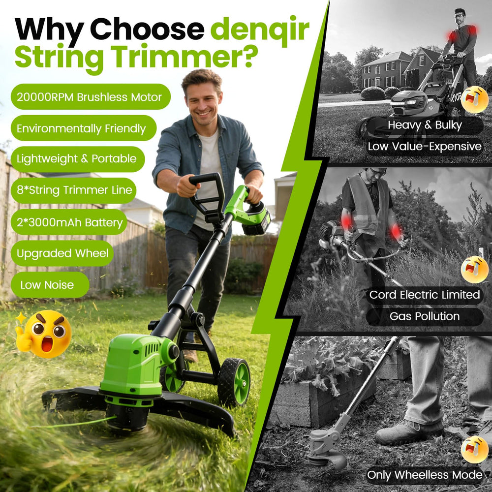 denqir electric weed wacker with attached wheel for easy use