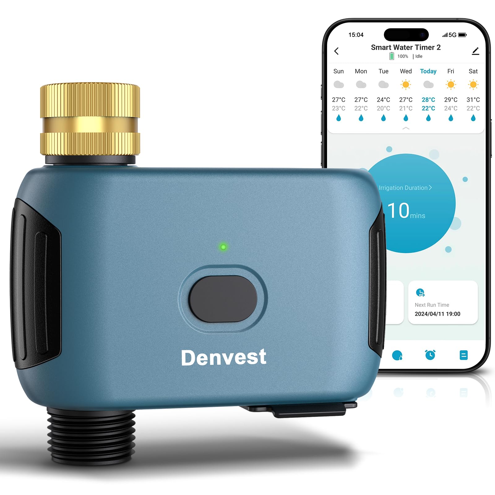 Denvest WiFi Water Timer front view in light blue