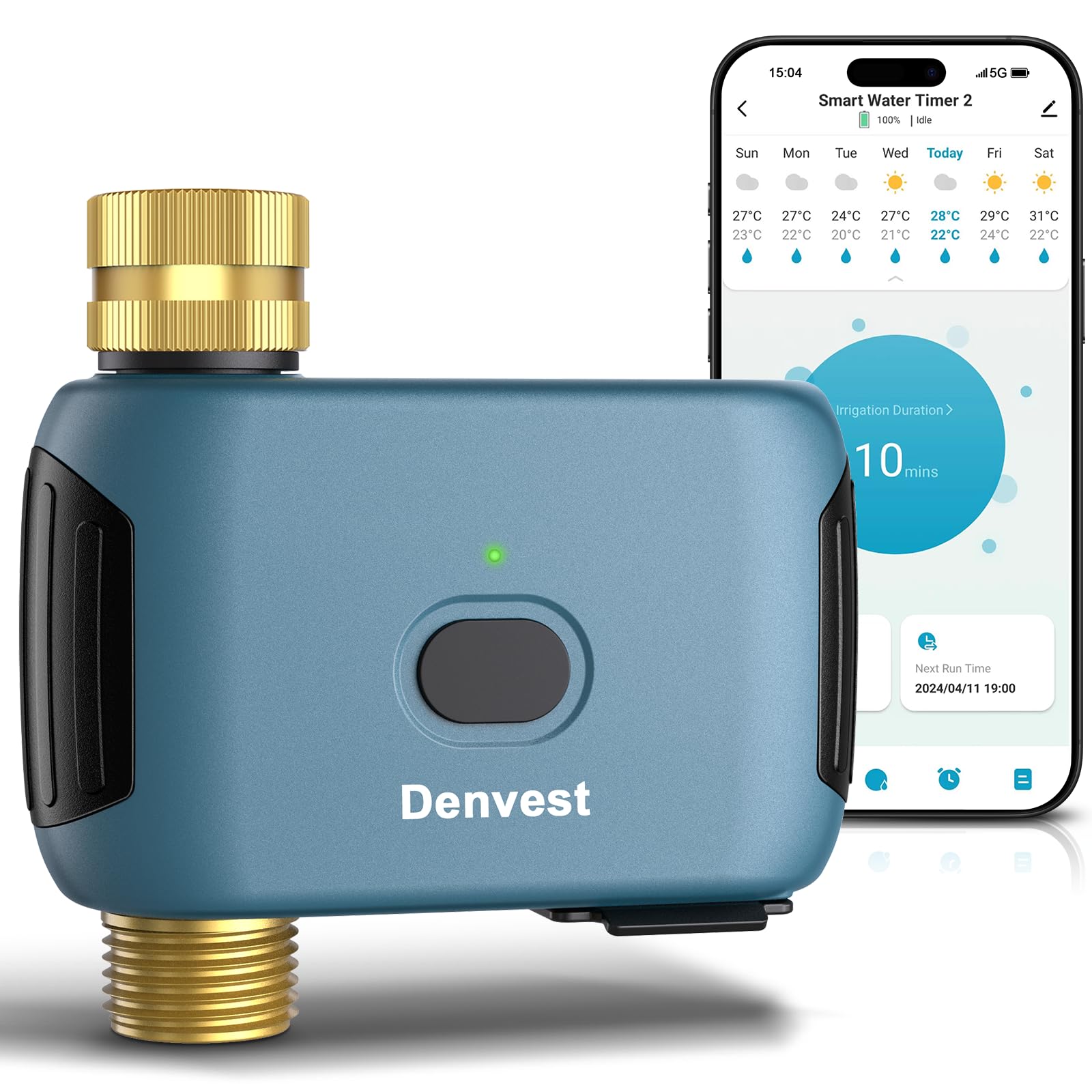 Denvest WiFi Water Timer front view showing brass inlet and outlet