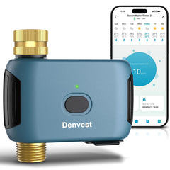Denvest WiFi Water Timer front view showing brass inlet and outlet