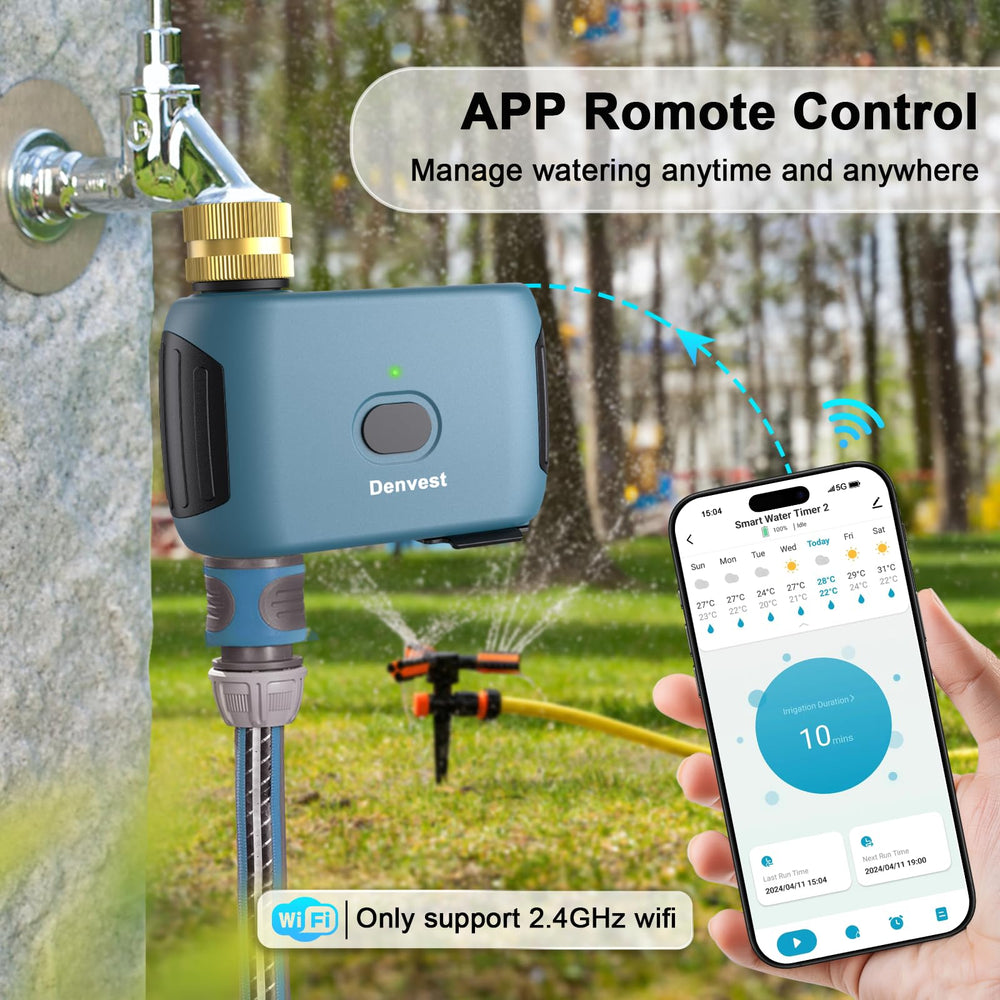 Denvest WiFi Water Timer with app interface displayed on a smartphone