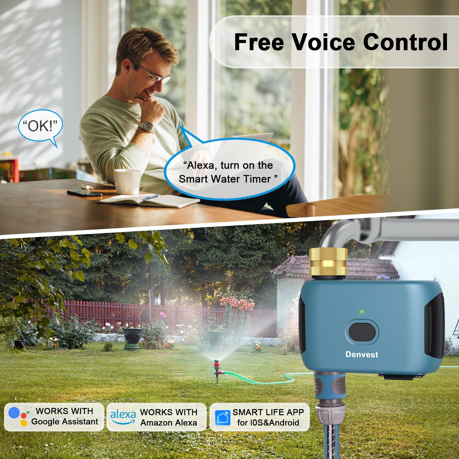 Denvest WiFi Water Timer with Smart Life app interface on phone