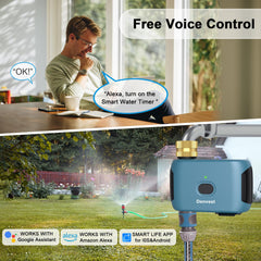 Denvest WiFi Water Timer with Smart Life app interface on phone