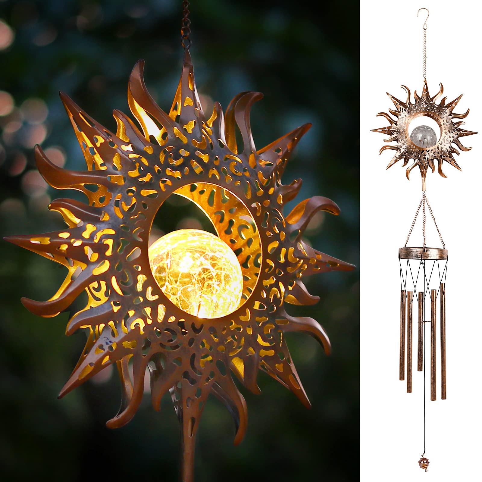 DesGully Solar Wind Chimes, 42-inch long silver model front view