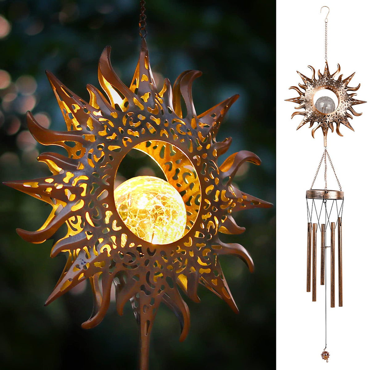 DesGully Solar Wind Chimes, 42-inch long silver model front view