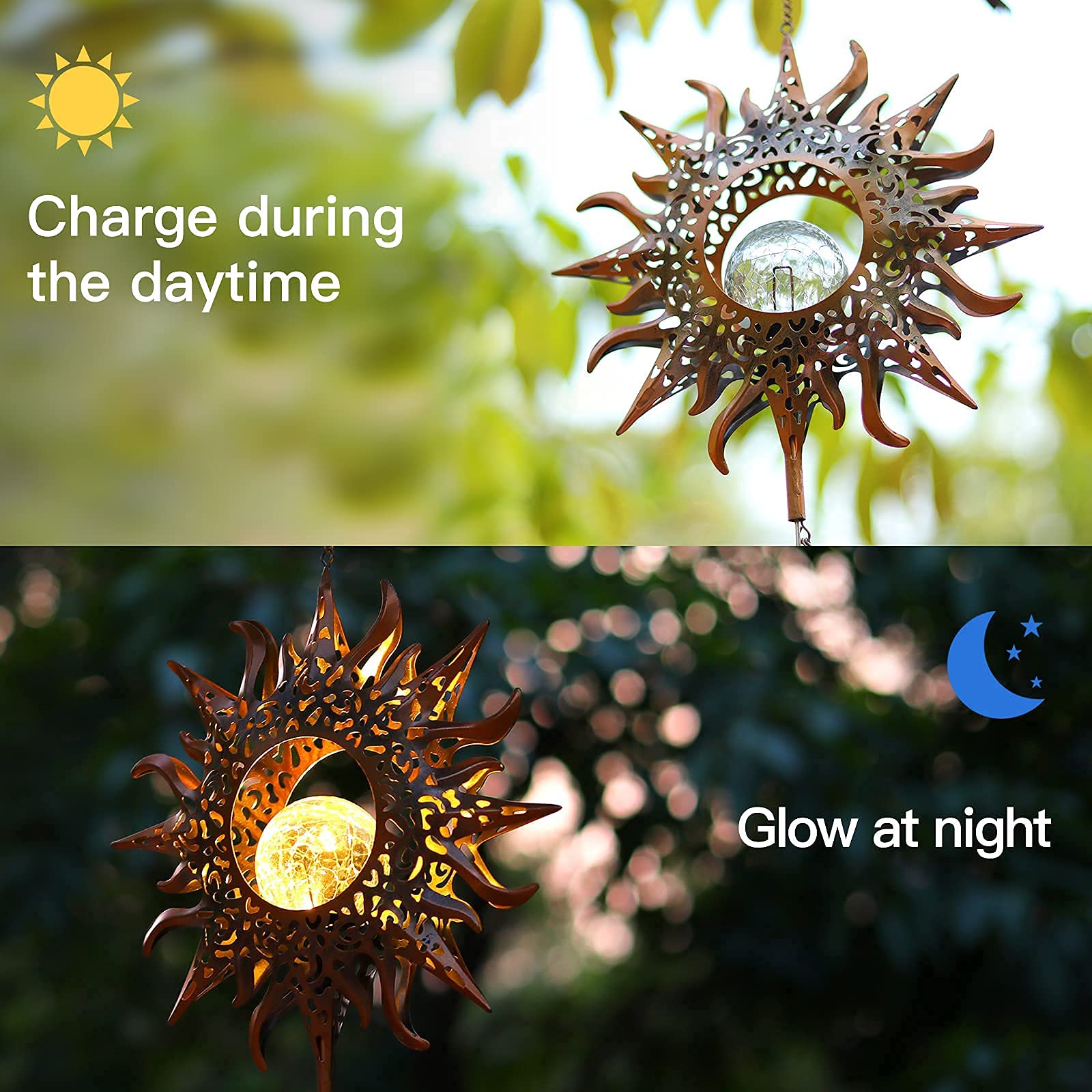 DesGully Solar Wind Chimes glowing crackle glass close-up