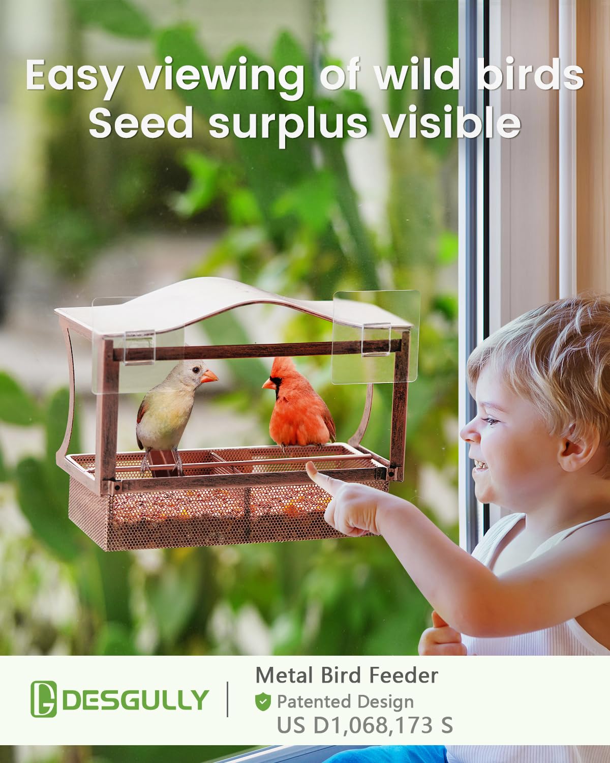 DesGully Window Bird Feeder side view with food tray