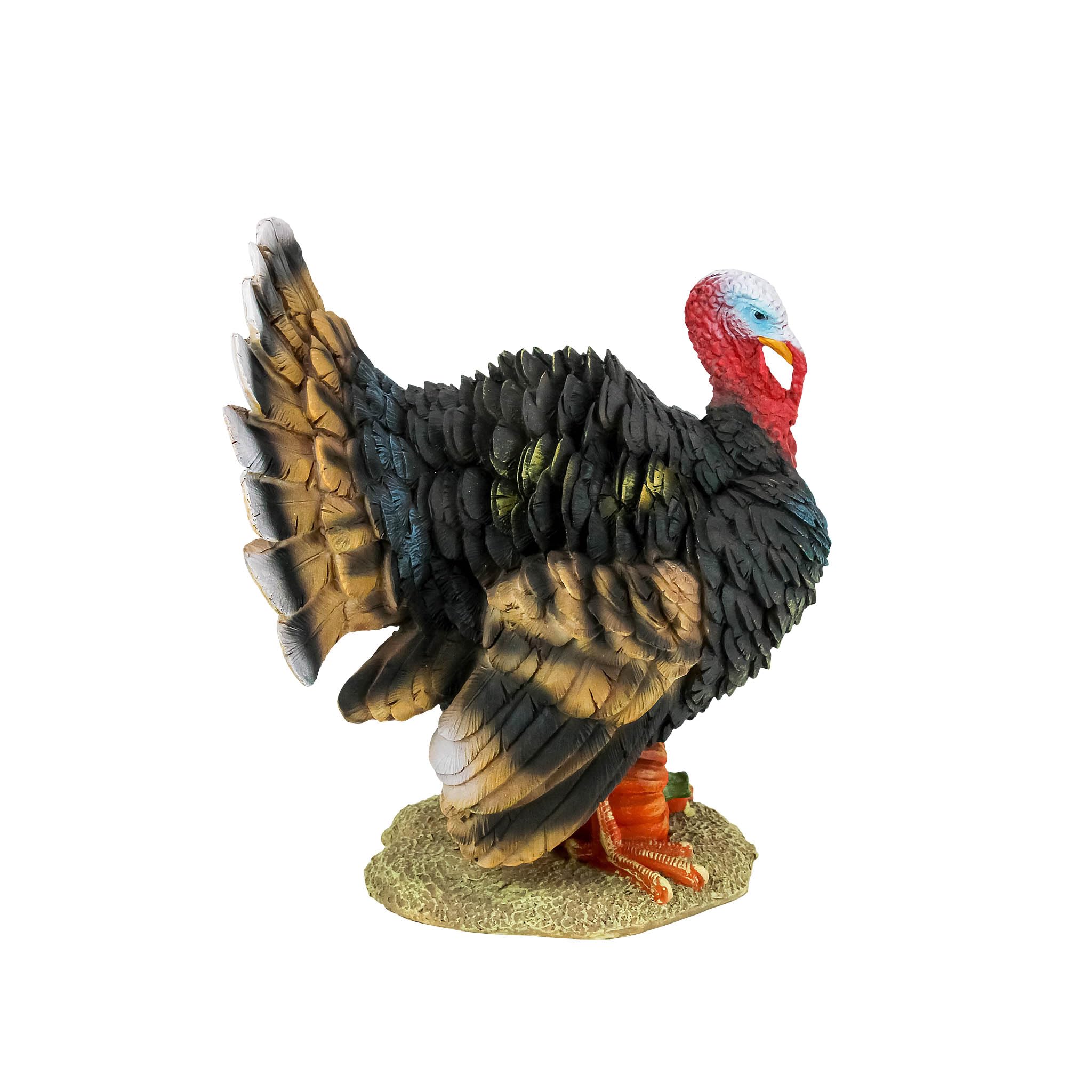 Design Toscano North American Turkey Statue beside garden flowers