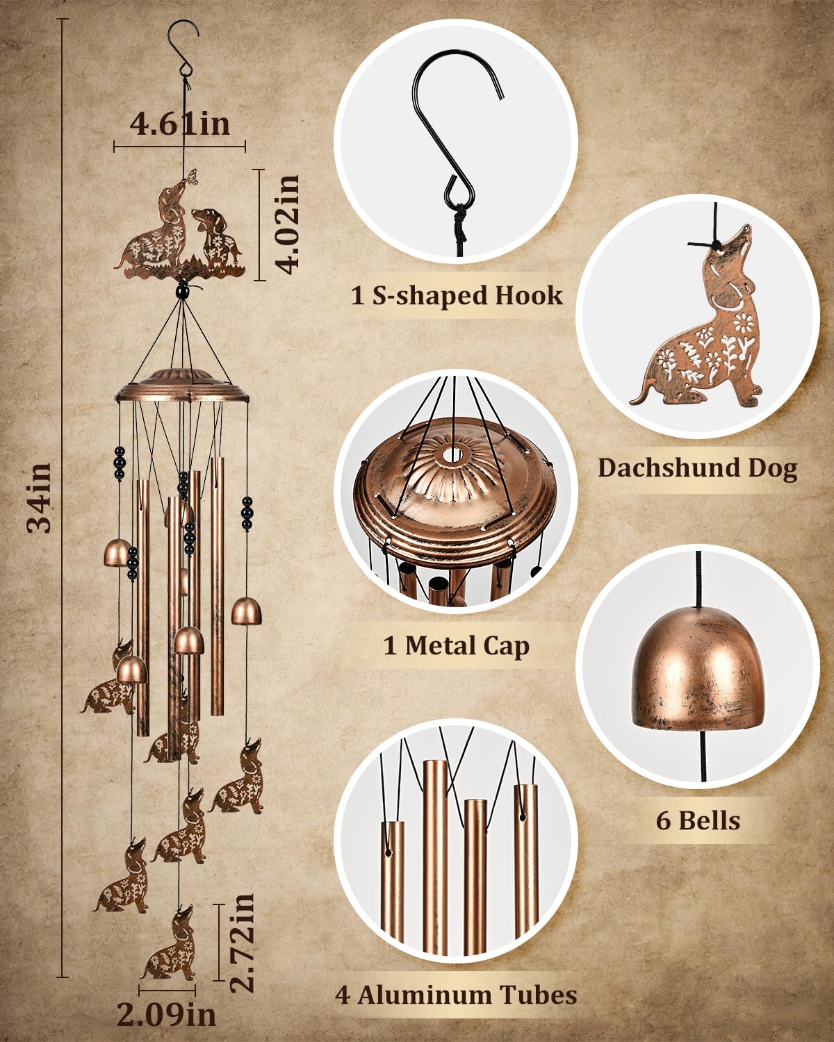 Detail of Dachshund design on SUNCKET wind chimes, bronze finish