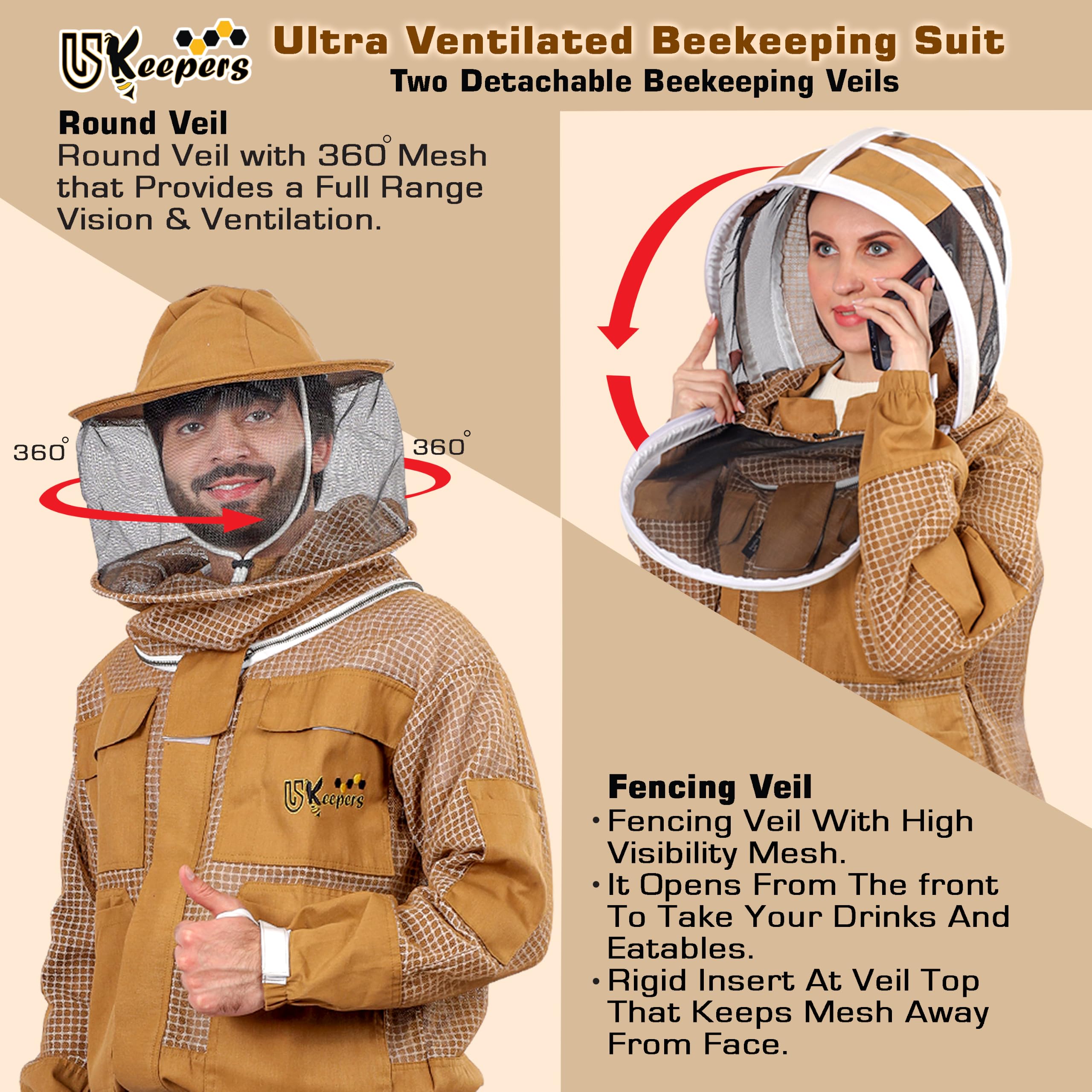 Detail of YKK brass zipper on USKEEPERS Ventilated Bee Suit