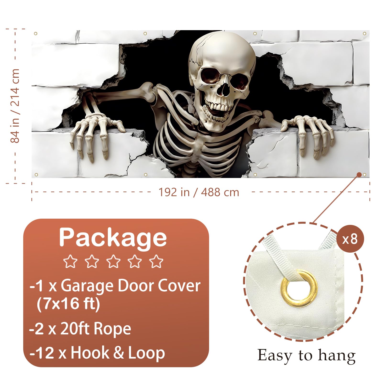 Detail view of ponlodos Halloween garage door cover with hook and loop stickers for installation