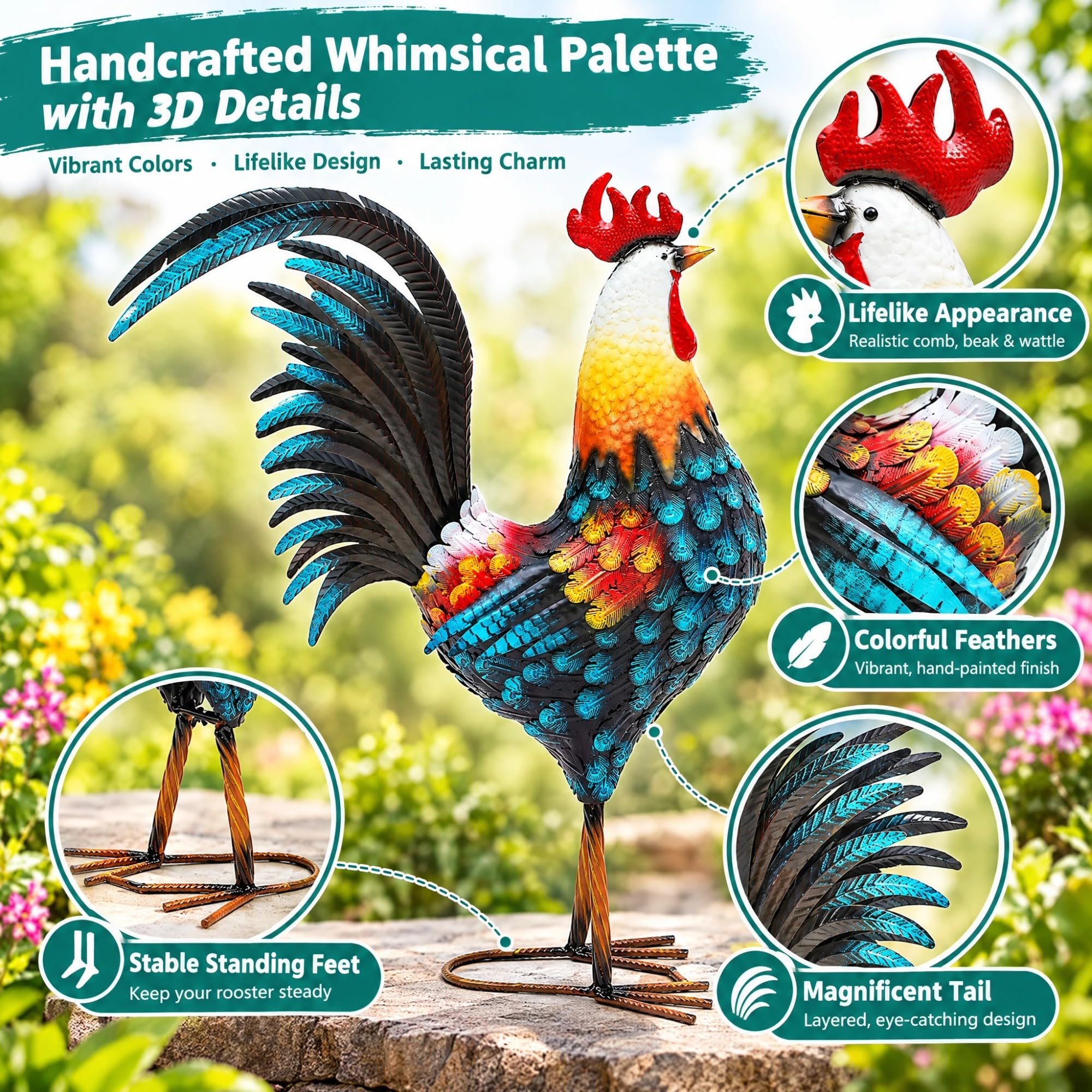 Detailed hand-painted features of the Autodaya rooster