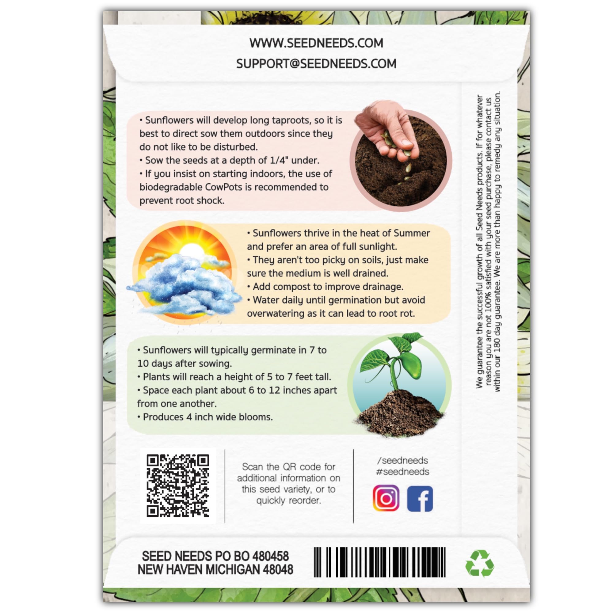 Detailed sowing information on Seed Needs sunflower seed packet