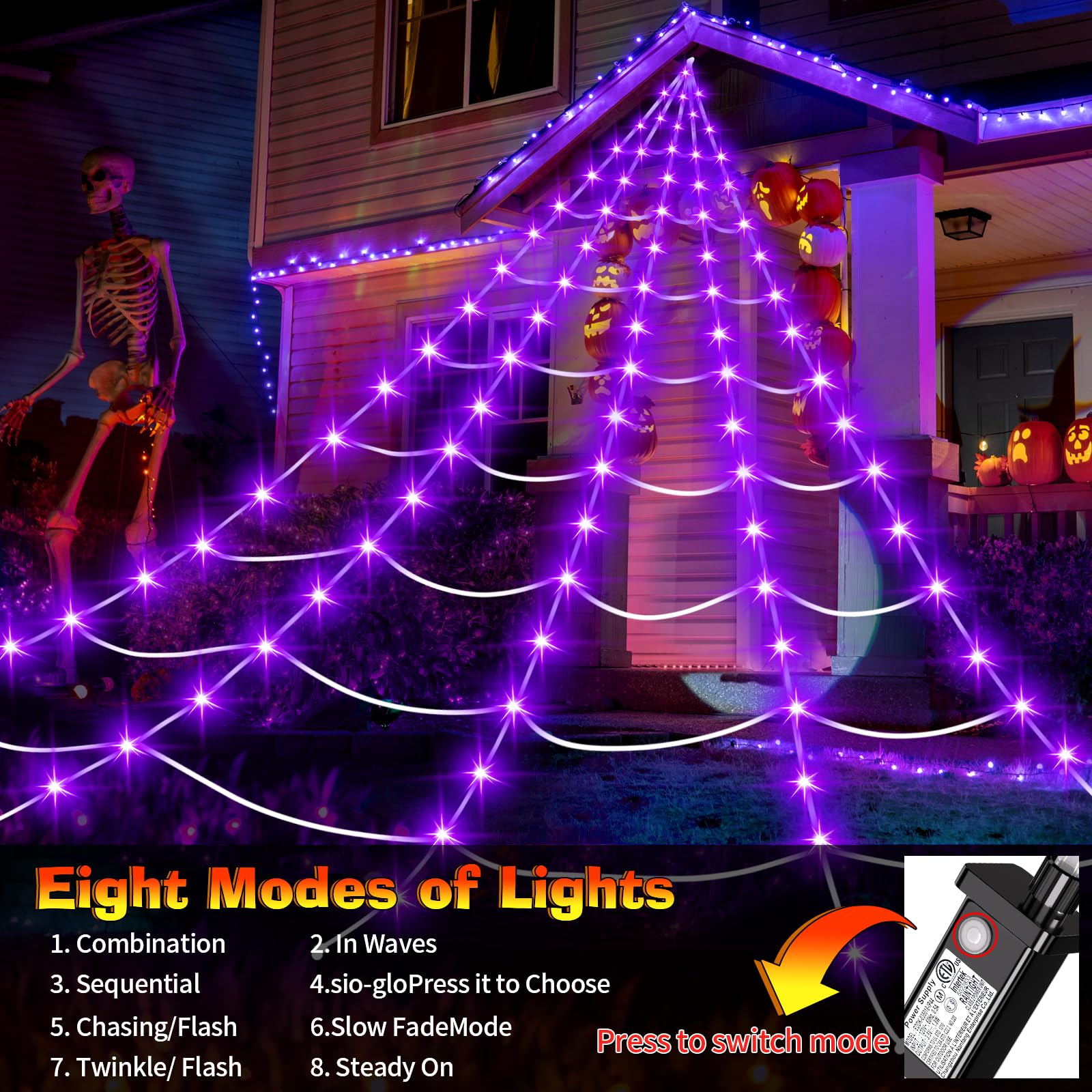 Detailed view of 200 LED bulbs on the spider web