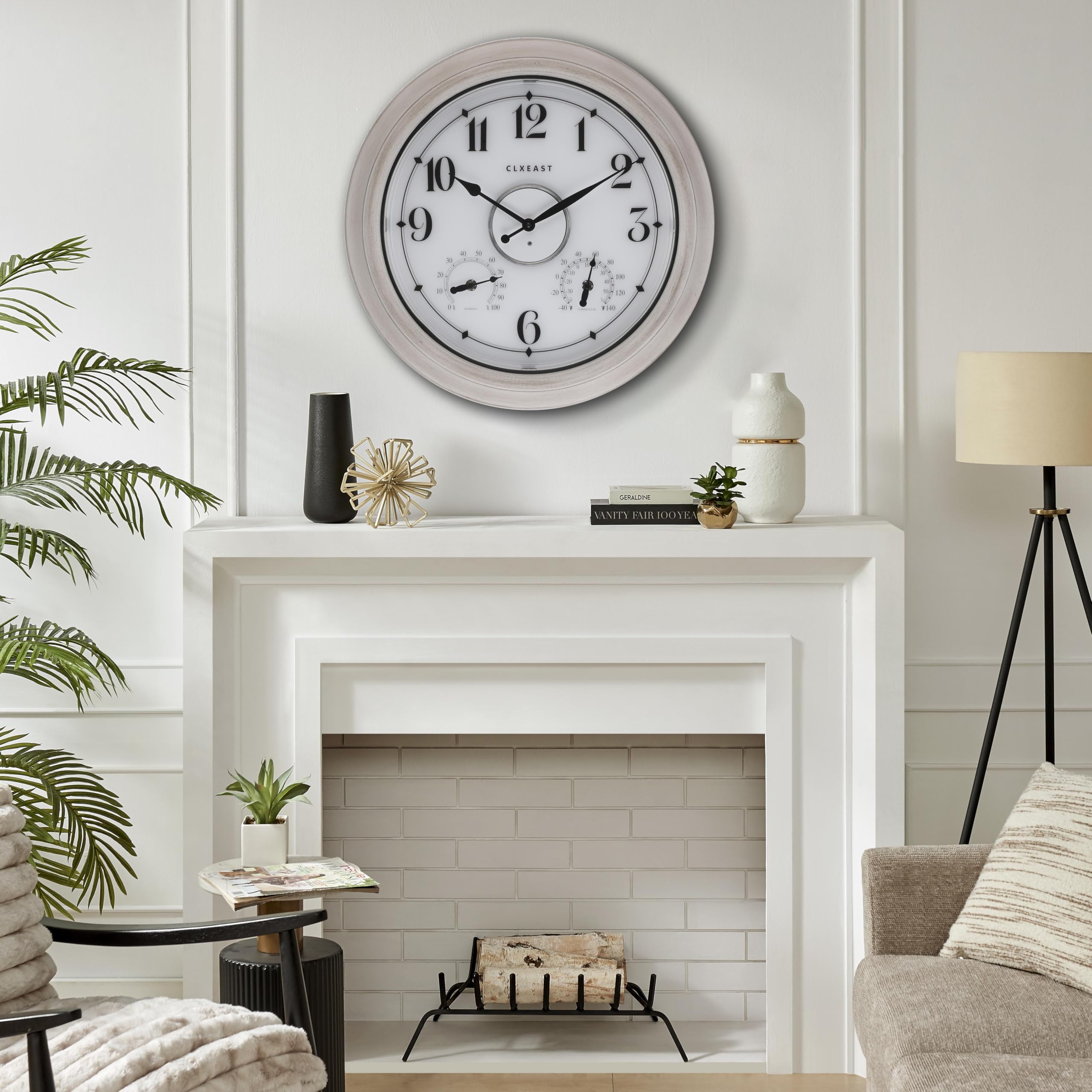 Detailed view of CLXEAST outdoor clock showing backlight