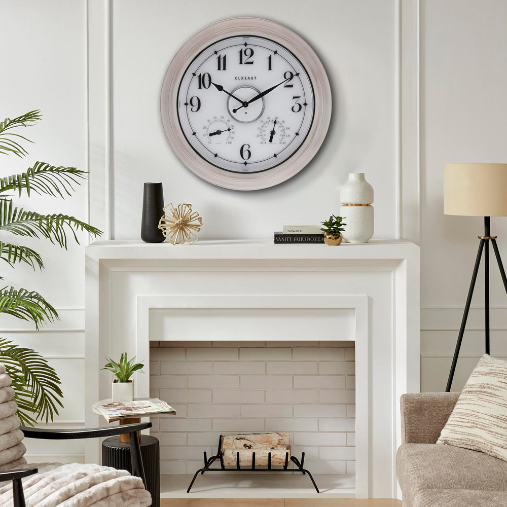 Detailed view of CLXEAST outdoor clock showing backlight