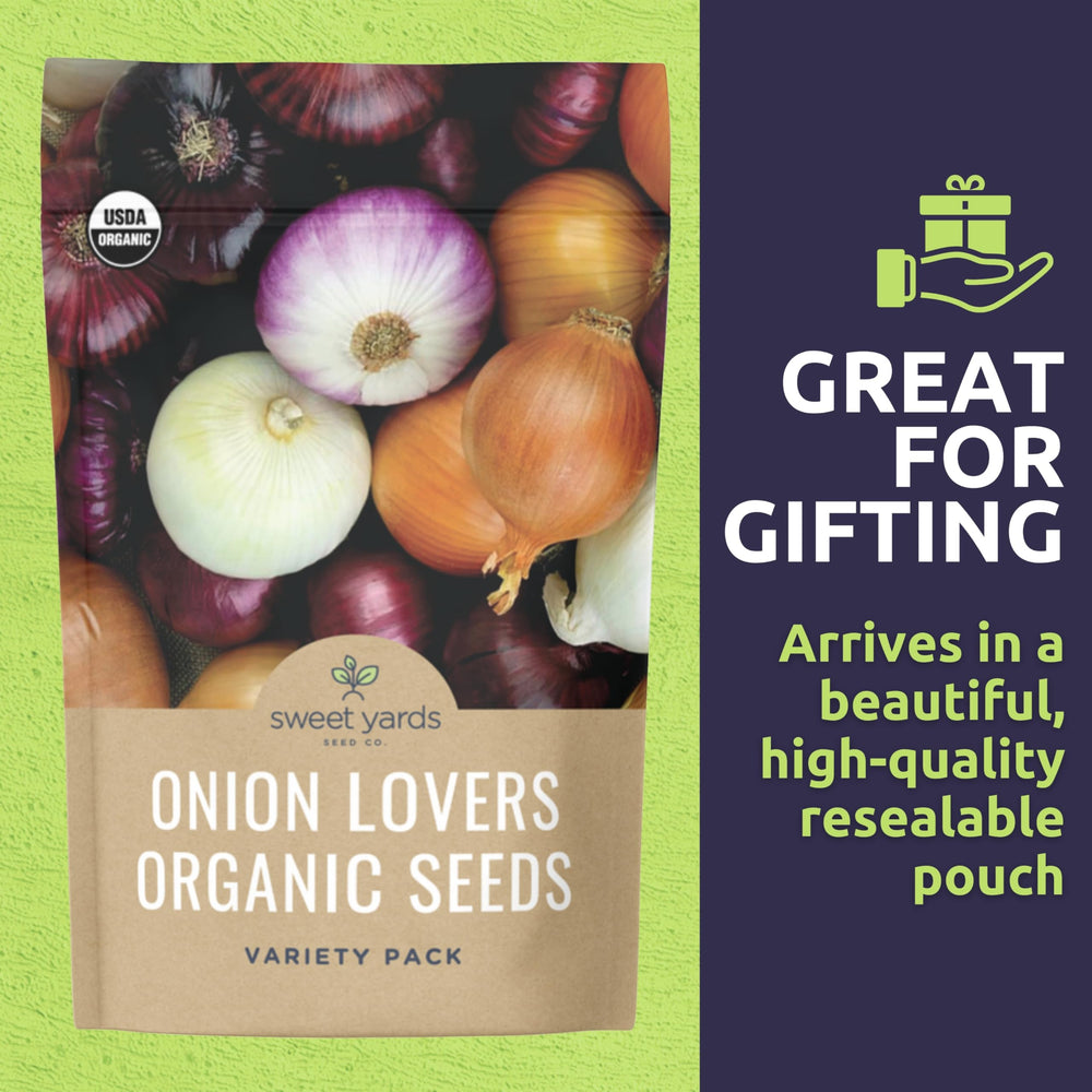 Detailed view of Gladstone Onion seeds from the variety pack
