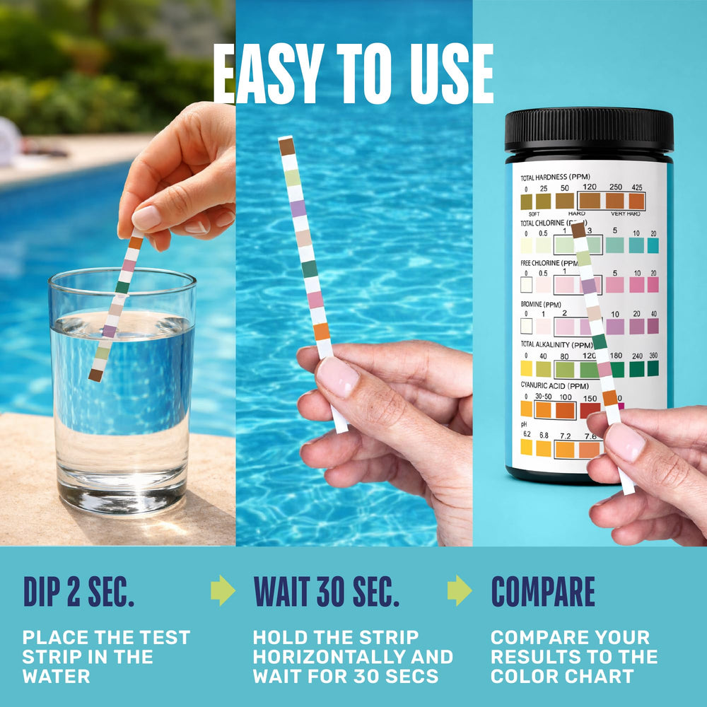 Detailed view of JNW Direct Pool Test Strips chemical results