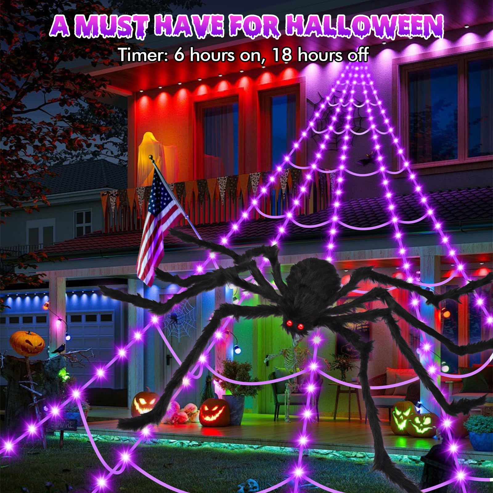 Detailed view of OCATO purple LED spider web lights