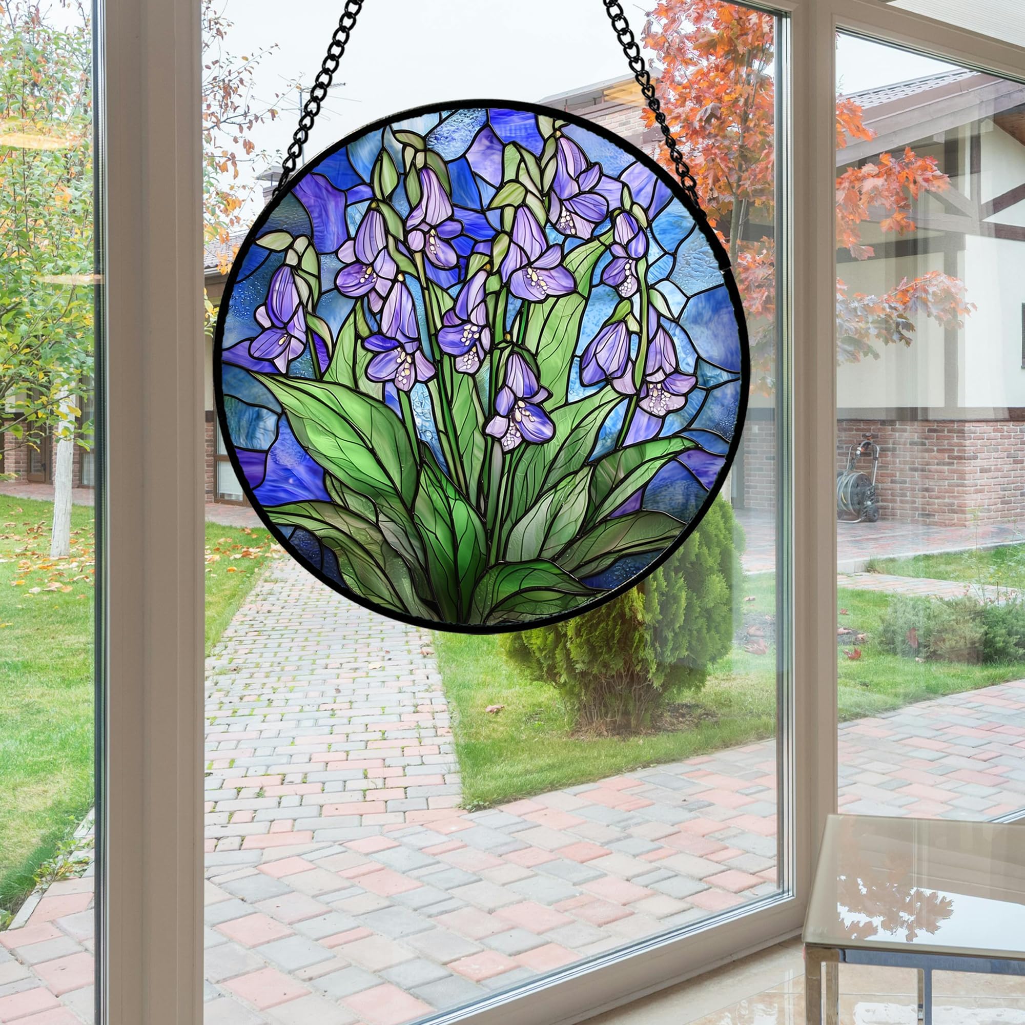 Detailed view of the blue and purple colours in AMDERVEN Stained Glass Suncatcher