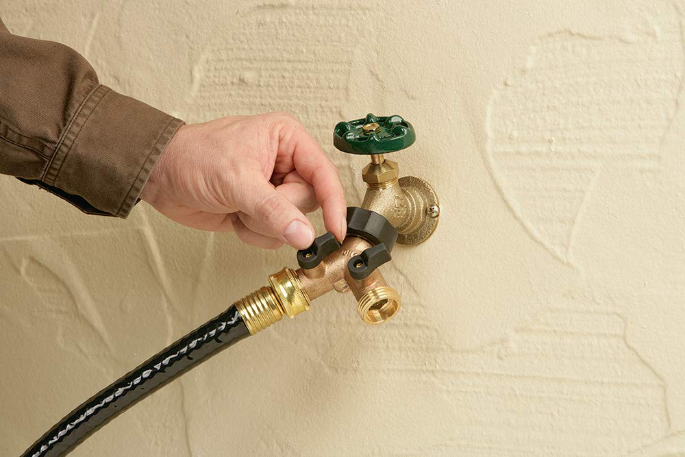 Detailed view of the brass construction of the Orbit Brass Dual-Outlet Faucet Adapter