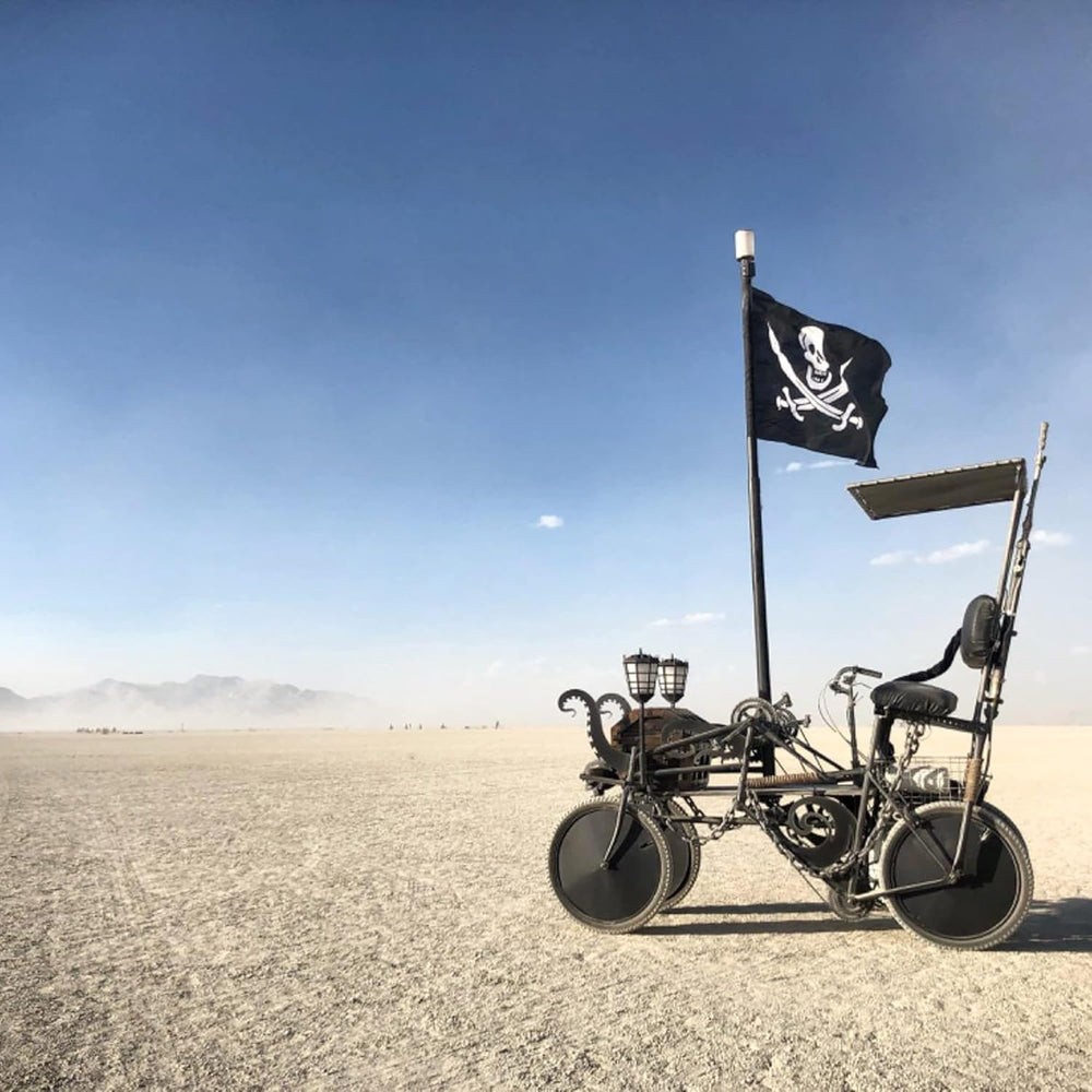 Detailed view of the bright colours on the Pirate flag