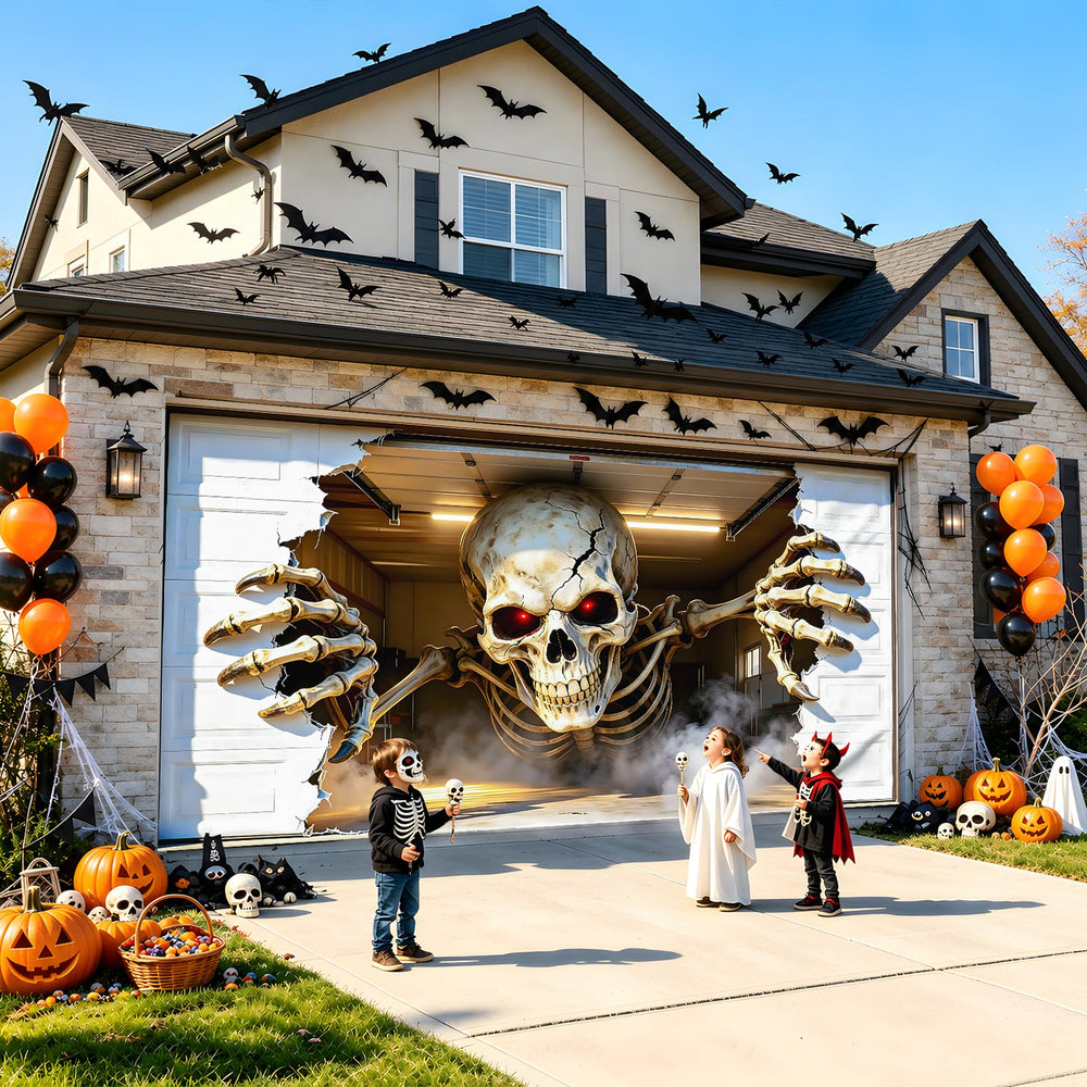 Detailed view of the garage scene illusion on the Allotall Halloween Garage Door Cover